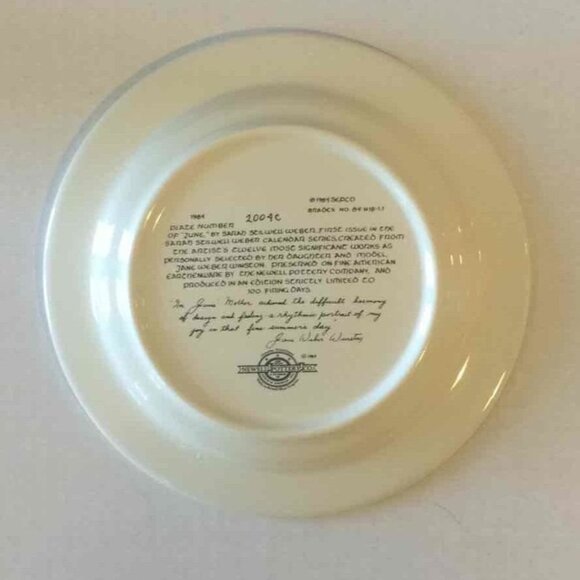 Newell Pottery Co Sarah Weber Calendar Numbered Collector Plate JUNE‎ 1984 Sepco - Picture 3 of 12
